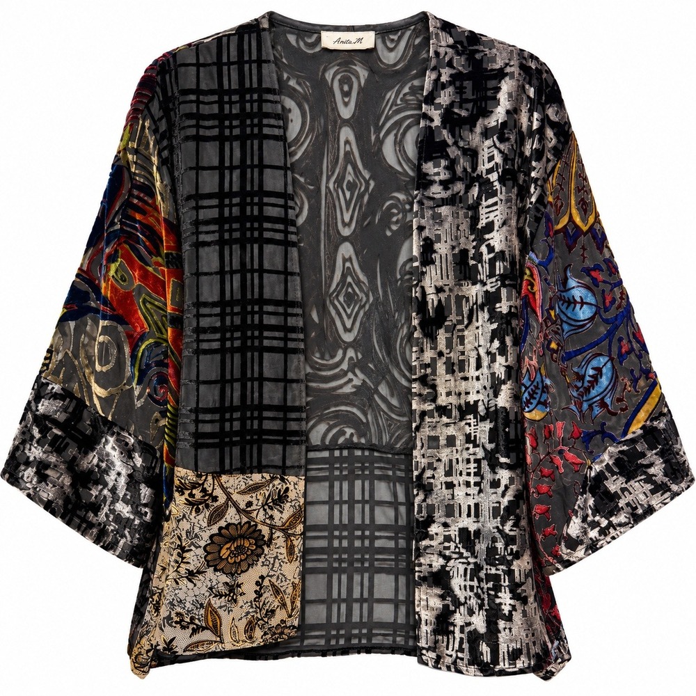 Maximalist Whimsical Goth Velvet Patchwork Kimono Women S/M Burnout Silk Wrap